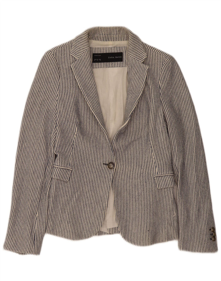 Zara Dame 1 Knap Blazer Jacket UK 12 Medium Blue Pinstripe Bomuld