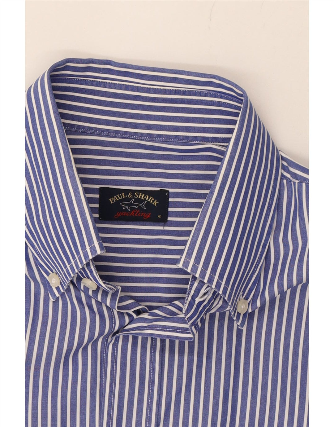 PAUL & SHARK Mens Short Sleeve Shirt Size 41 Large Blue Pinstripe Vintage Paul & Shark and Second-Hand Paul & Shark from Messina Hembry 