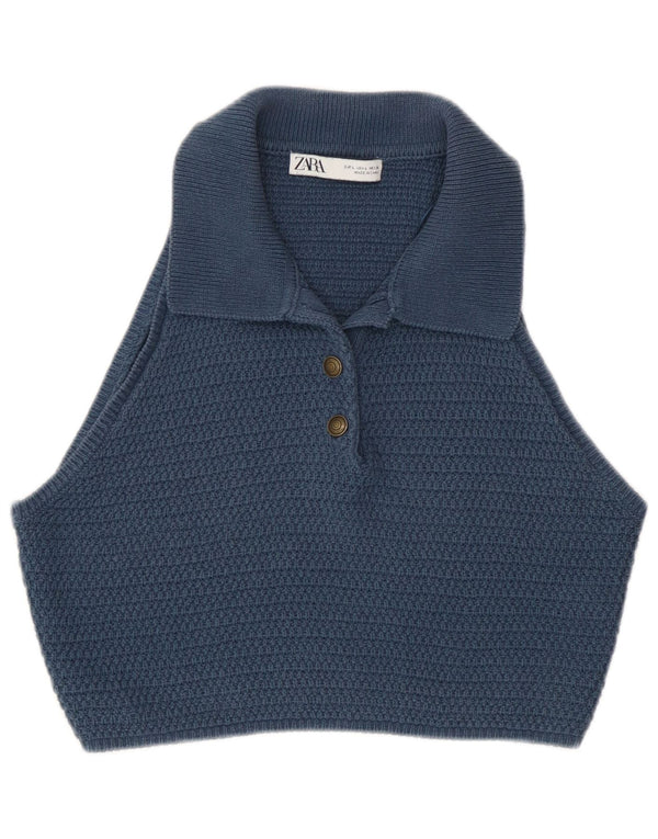 Zara Dame Ærmeløs Crop Vest Tank Top UK 14 Large Navy Blue Cotton