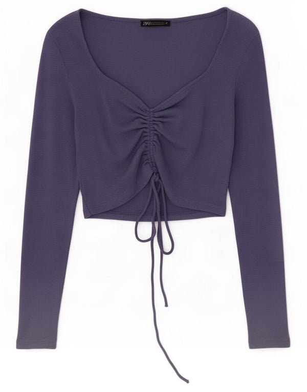 Zara Womens Crop Top Langærmet UK 12 Medium Lilla Bomuld