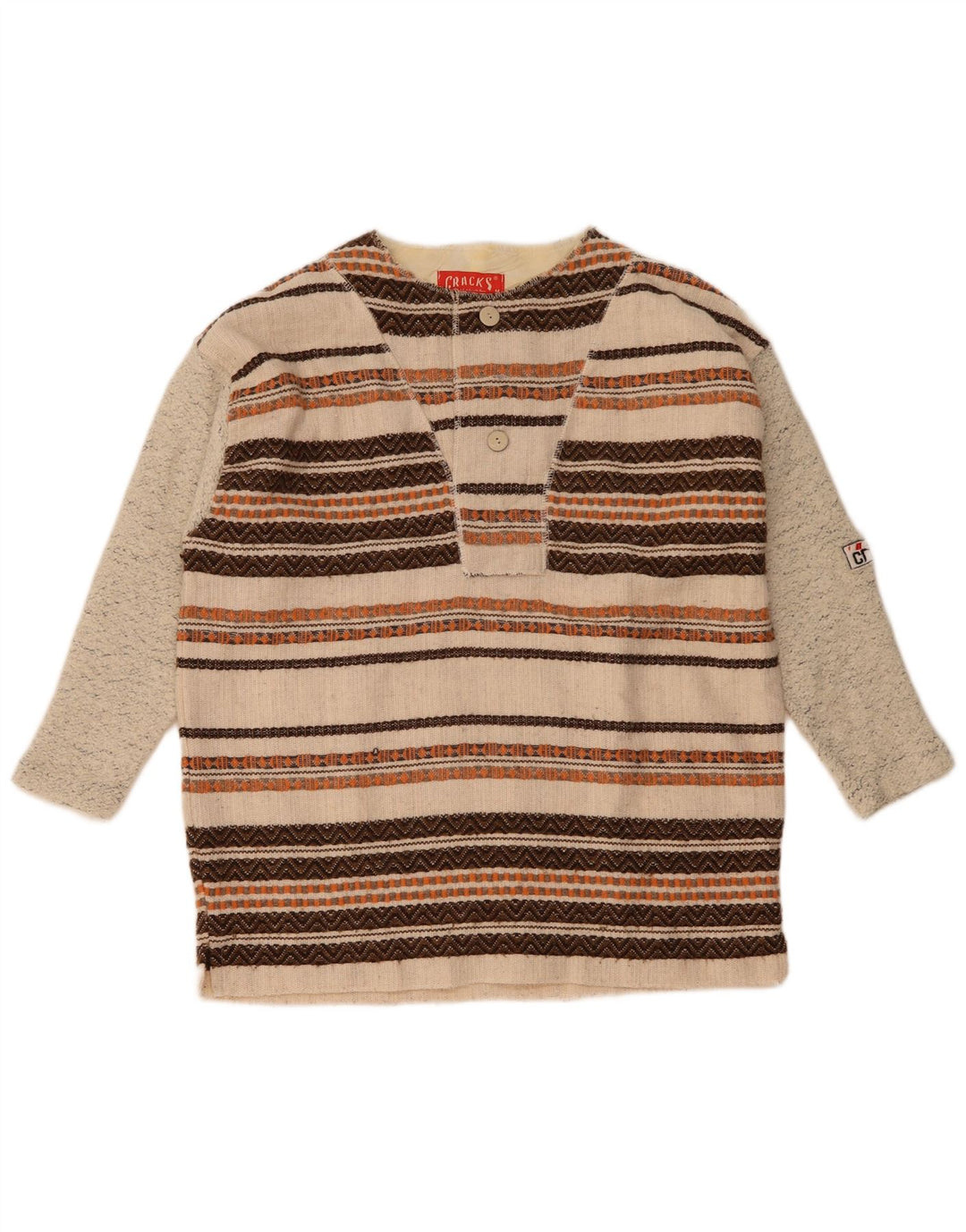 Vintage Herre 3/4 ærmer Button Neck Jumper Sweater Medium Beige stribet