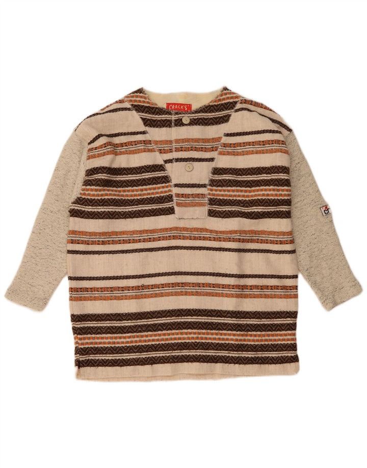 Vintage Herre 3/4 ærmer Button Neck Jumper Sweater Medium Beige stribet
