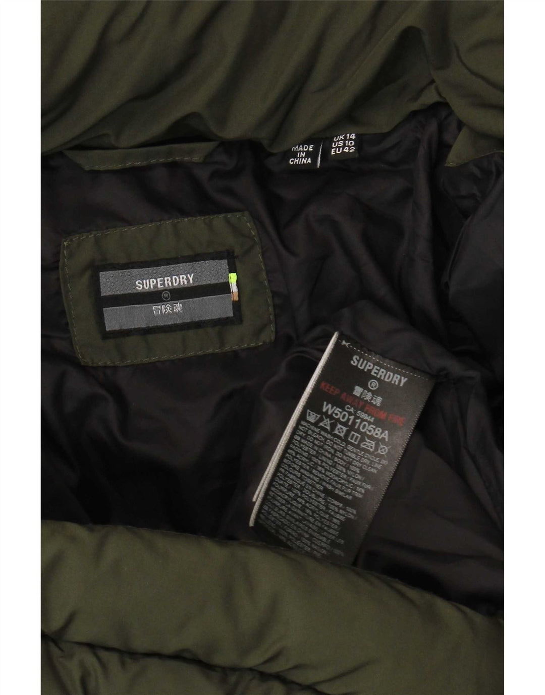 Superdry Polstret frakke med hætte til kvinder UK 14 Stor Khaki Polyester