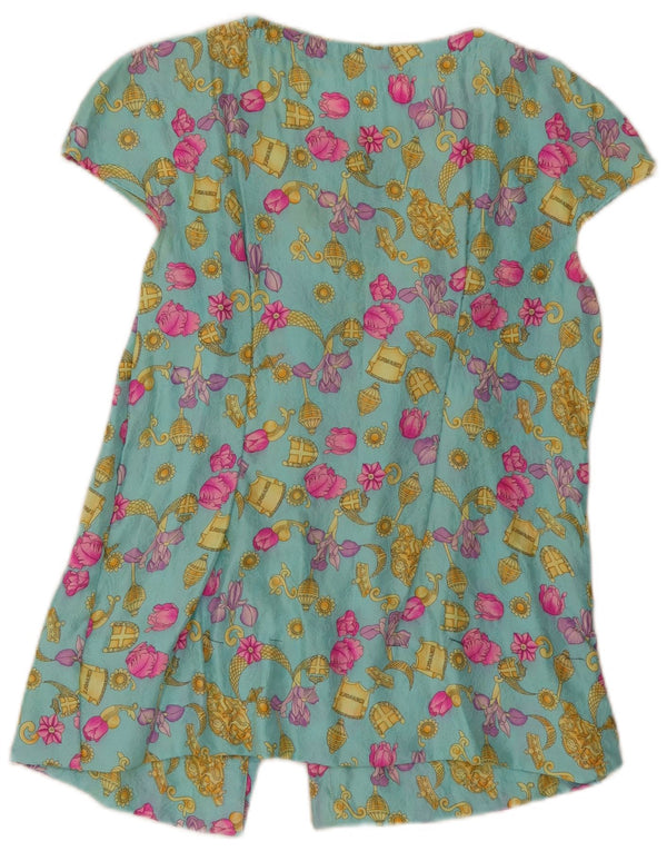 Vintage kvinders kortærmet skjortebluse UK 10 Small Turkis Floral