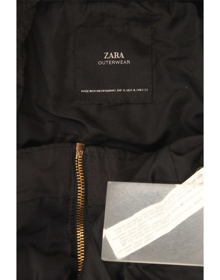 Zara Dame Hætte Polstret Jakke UK 18 XL Sort Polyester