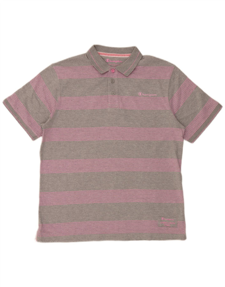 Champion herre poloshirt XL gråstribet bomuld