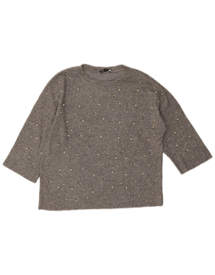 Zara Dame Oversized Top 3/4 ærmer UK 10 Small Grå Flecked