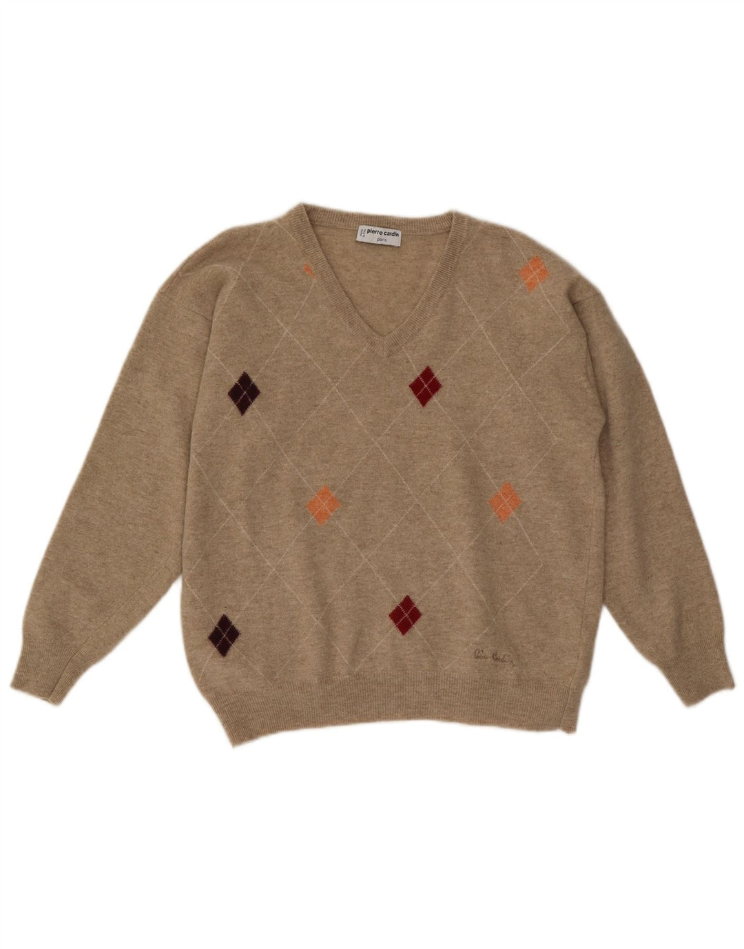 Pierre Cardin Herre V-hals sweater IT 52 Stor Beige Argyle/Diamant