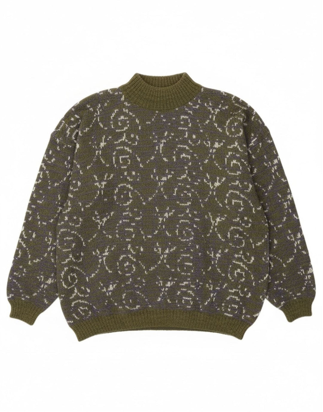 Vintage Dame Turtle Neck Jumper Sweater UK 14 Medium Green Paisley