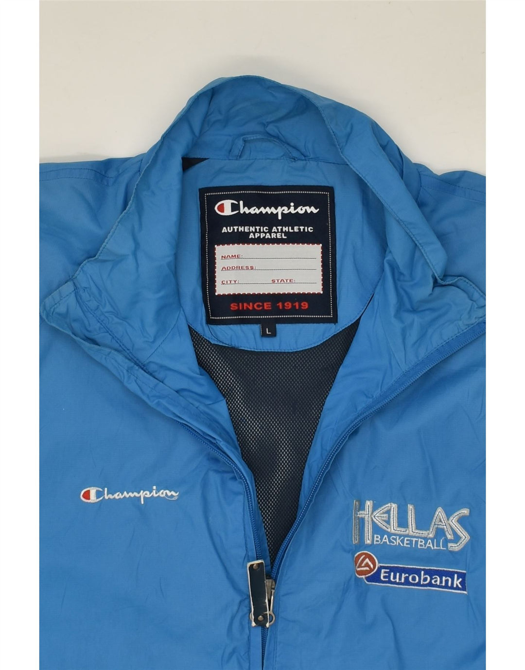 CHAMPION Mens Graphic Tracksuit Top Jacket Large Blue Polyester Vintage Champion and Second-Hand Champion from Messina Hembry 