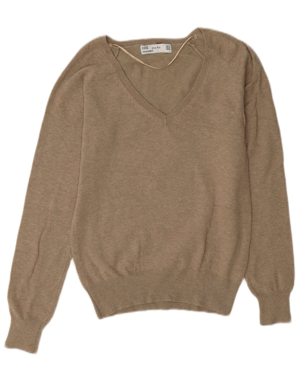 Zara Dame V-hals sweater UK 14 Medium Brun Bomuld