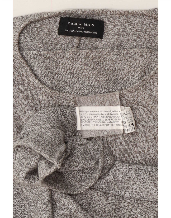 Zara Herre Boat Neck Jumper Sweater Stor Grå Flecked Bomuld
