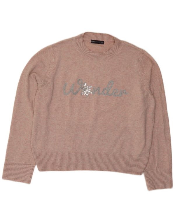 Marks & Spencer Womens Graphic Crew Neck Jumper Sweater UK 16 Large Pink Wi