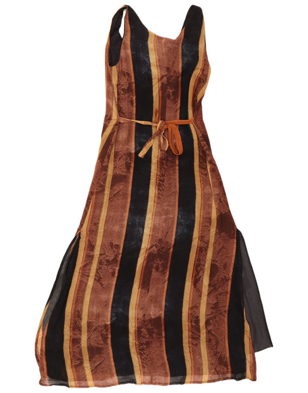 Vintage ærmeløs maxikjole til kvinder UK 10 Lille brun stribet viskose