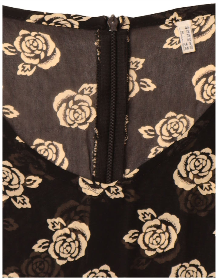 Vintage Dame A-Line Kjole UK 12 Medium Black Floral