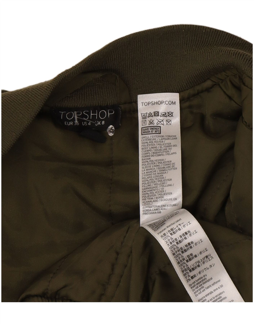 Topshop Dame Polstret Bomber Jacket UK 8 Small Green Polyester