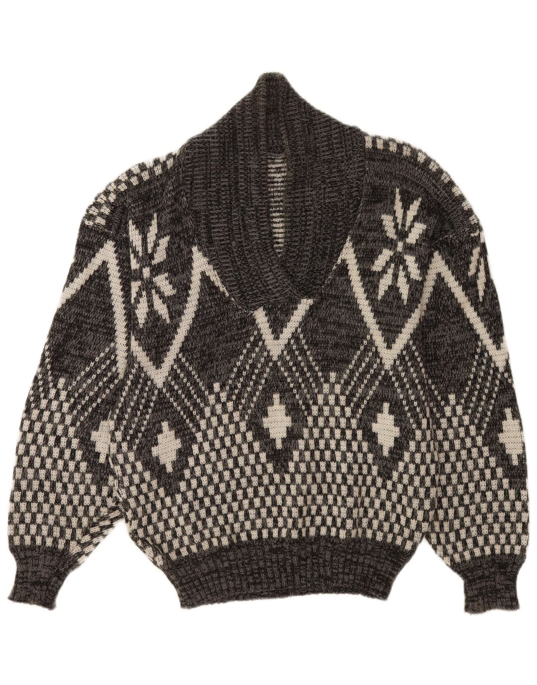 Vintage herre sjal hals sweater mellemgrå geometrisk