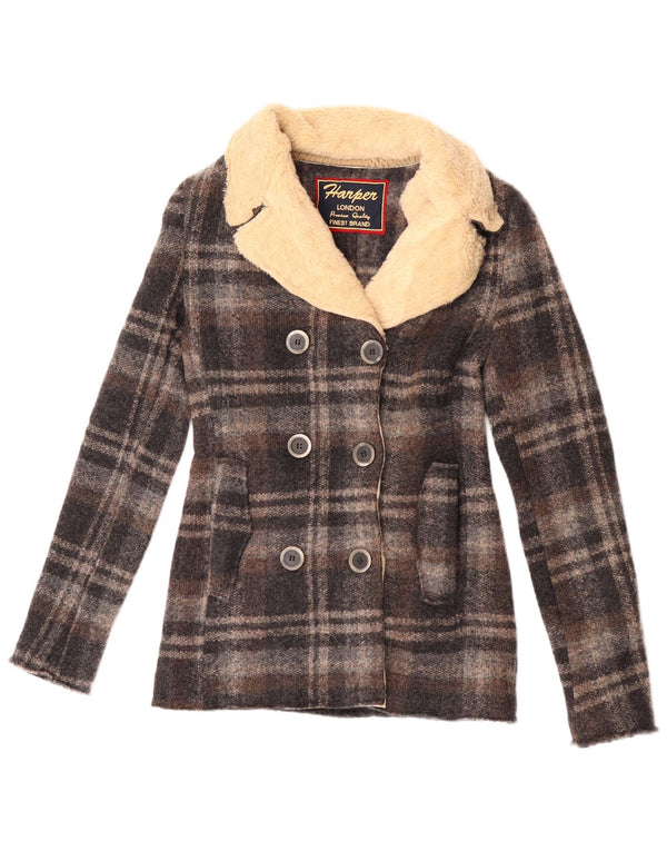 Vintage Womens Pea Coat IT 42 Medium Grey Check Wool