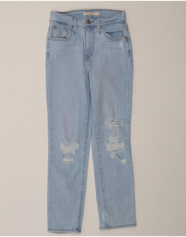 Levi's Womens Crop High Rise Distressed Straight Jeans W24 L26 Blå Bomuld