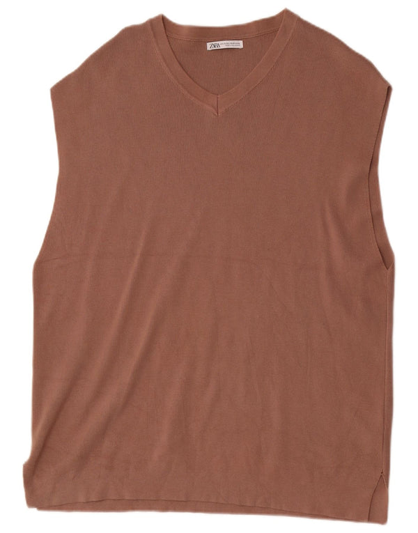 Zara Dame Vest Tank Top UK 16 Stor Beige Bomuld