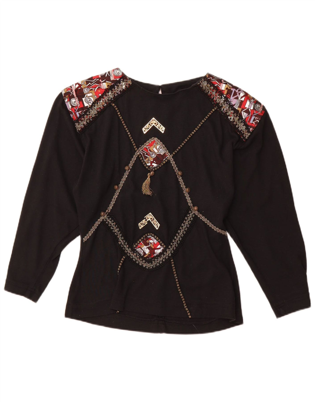 VINTAGE Grafisk Langærmet Bluse Top UK 12 Medium Sort Akryl