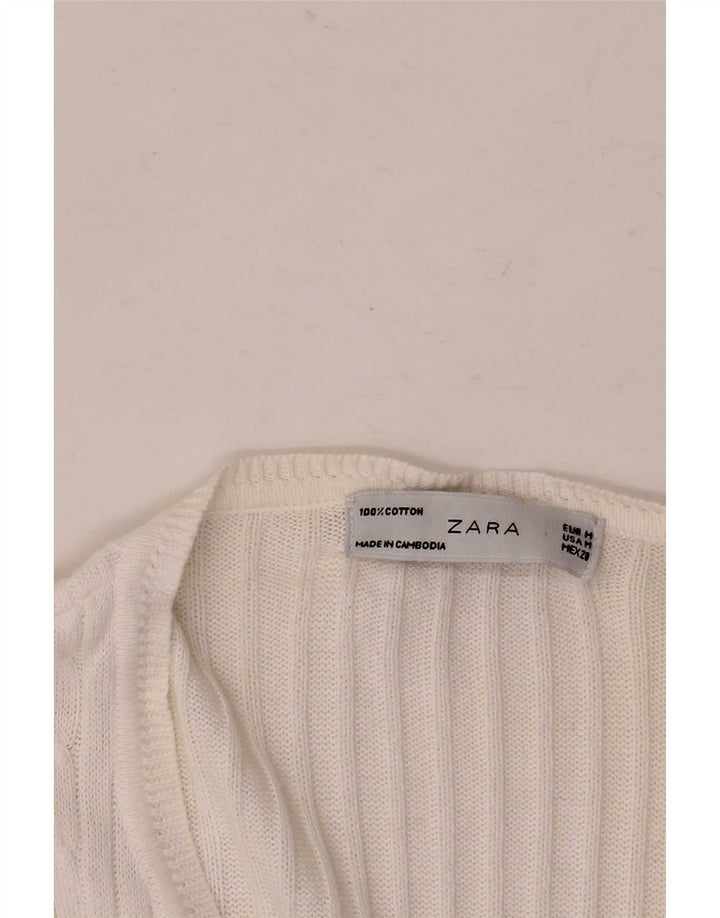 Zara Dame Cardigan Sweater UK 12 Medium White Bomuld