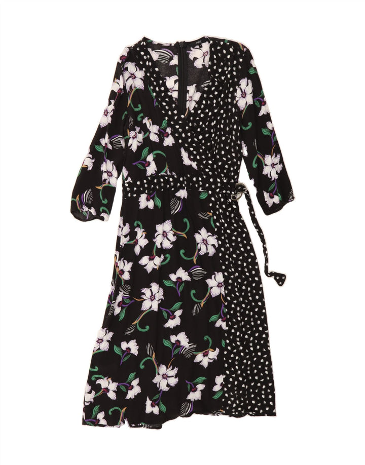 NEXT Womens 3/4 Sleeve Wrap Dress UK 12 Medium Black Floral Viscose Vintage Next and Second-Hand Next from Messina Hembry 