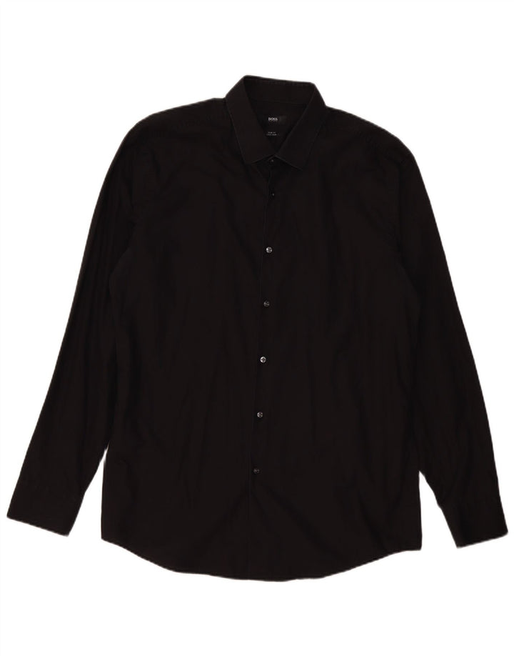 HUGO BOSS Herre Slim Fit Skjorte Størrelse 43 17 XL Sort Bomuld
