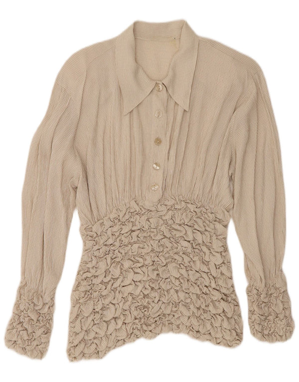 Vintage Dame Langærmet Bluse Top UK 10 Small Beige Check Acetate