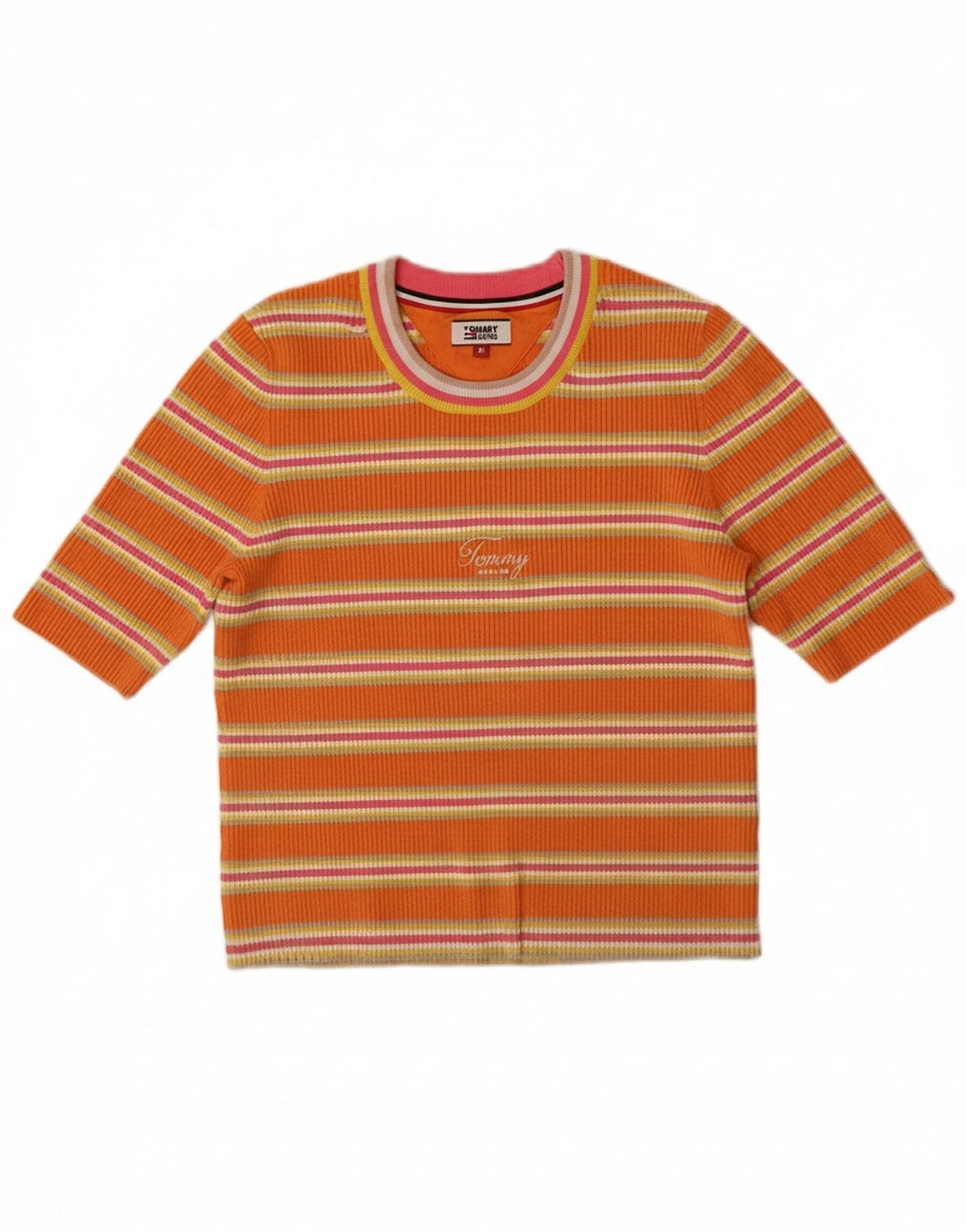 TOMMY HILFIGER Womens Crop Crew Neck Jumper Sweater UK 12 Medium Orange