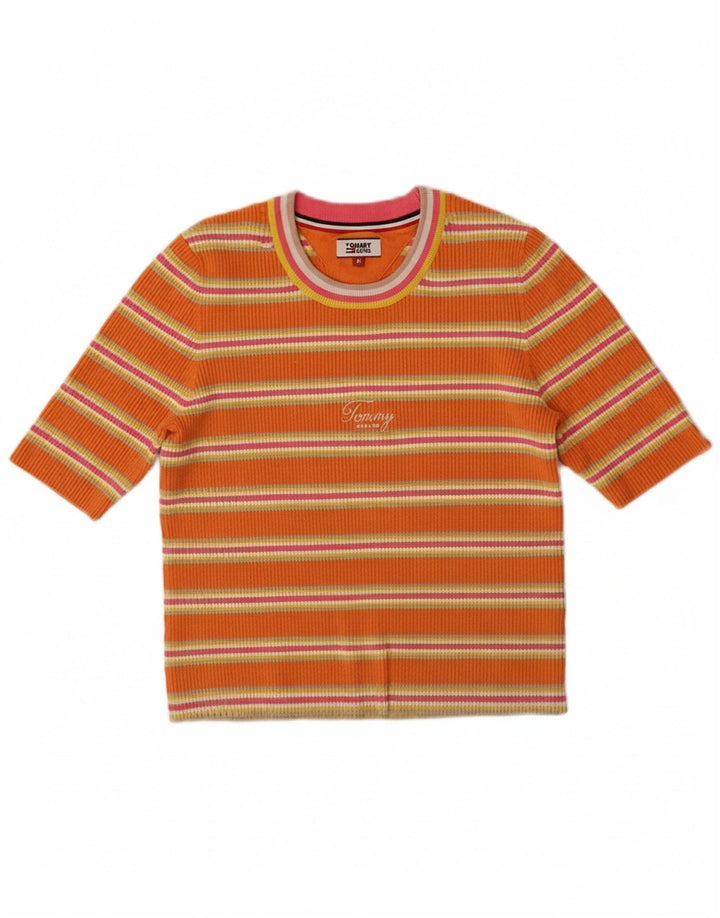 TOMMY HILFIGER Womens Crop Crew Neck Jumper Sweater UK 12 Medium Orange