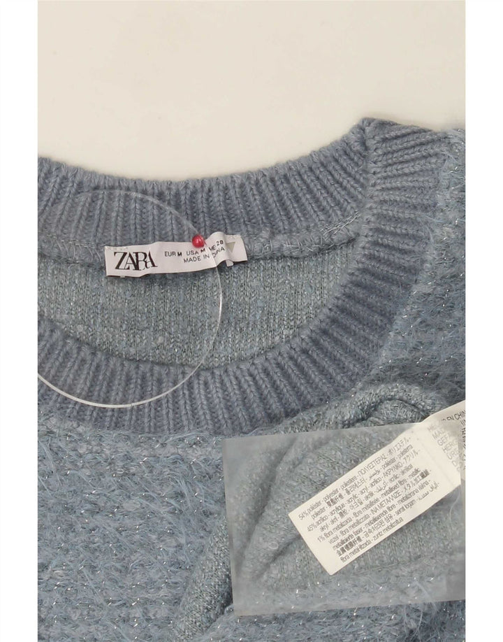 Zara Womens Crop Crew Neck Jumper Sweater UK 14 Medium Blue Polyester