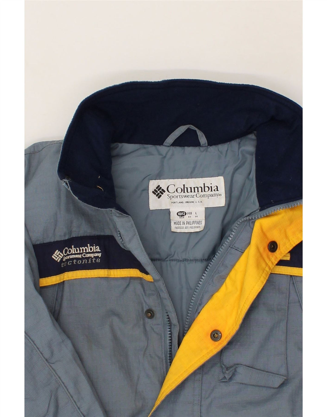 COLUMBIA Boys Windbreaker Jacket 10-11 Years Blue Colourblock Nylon Vintage Columbia and Second-Hand Columbia from Messina Hembry 