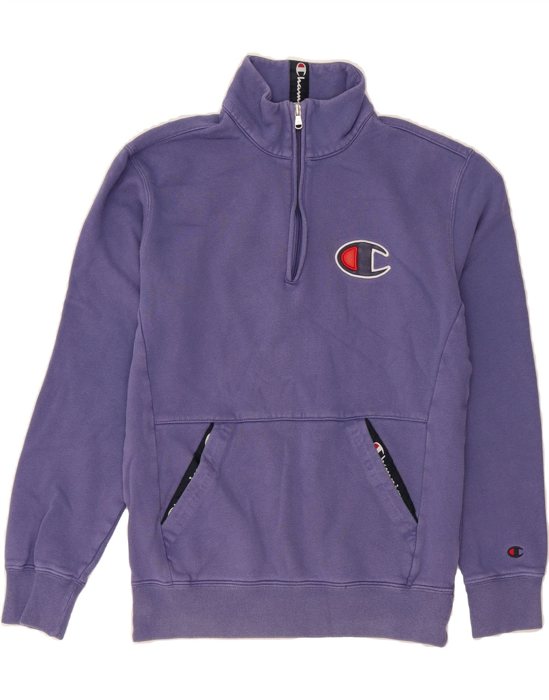 CHAMPION Mens Graphic Zip Neck Sweatshirt Jumper Small Purple Cotton Vintage Champion and Second-Hand Champion from Messina Hembry 