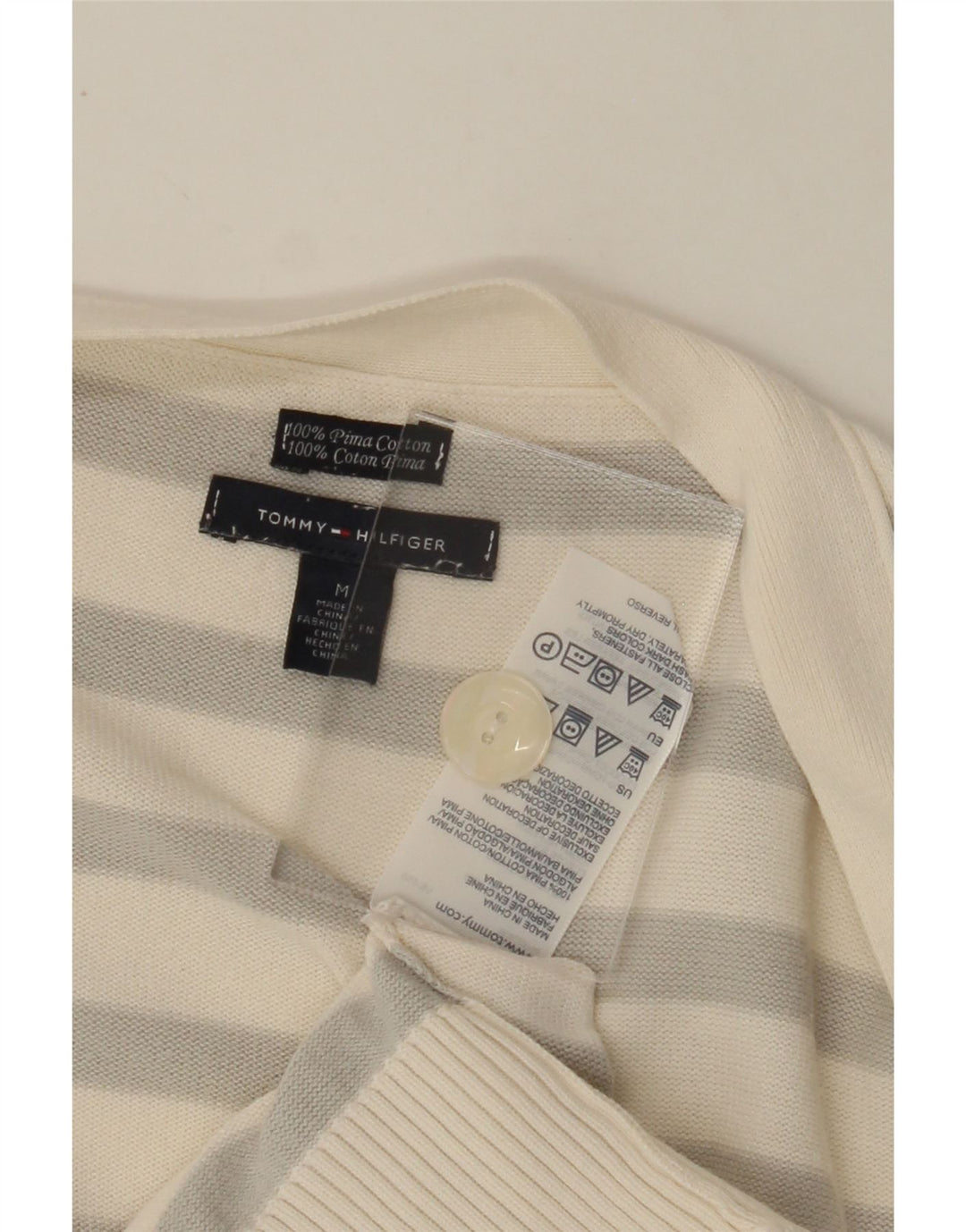 TOMMY HILFIGER Womens Cardigan Sweater UK 14 Medium Off White Striped Vintage Tommy Hilfiger and Second-Hand Tommy Hilfiger from Messina Hembry 