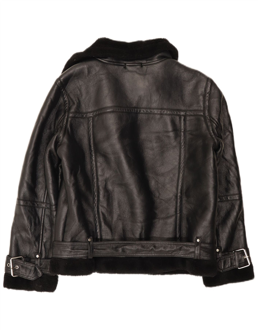 Topshop Dame Oversized Sherpa Biker Jacket UK 10 Small Black Polyurethane