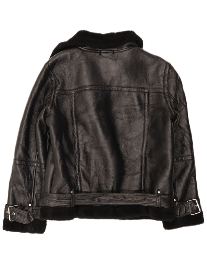 Topshop Dame Oversized Sherpa Biker Jacket UK 10 Small Black Polyurethane