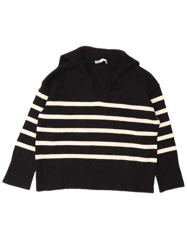 Zara Dame Polo Neck Jumper Sweater UK 14 Medium Sort Stribet Viscose