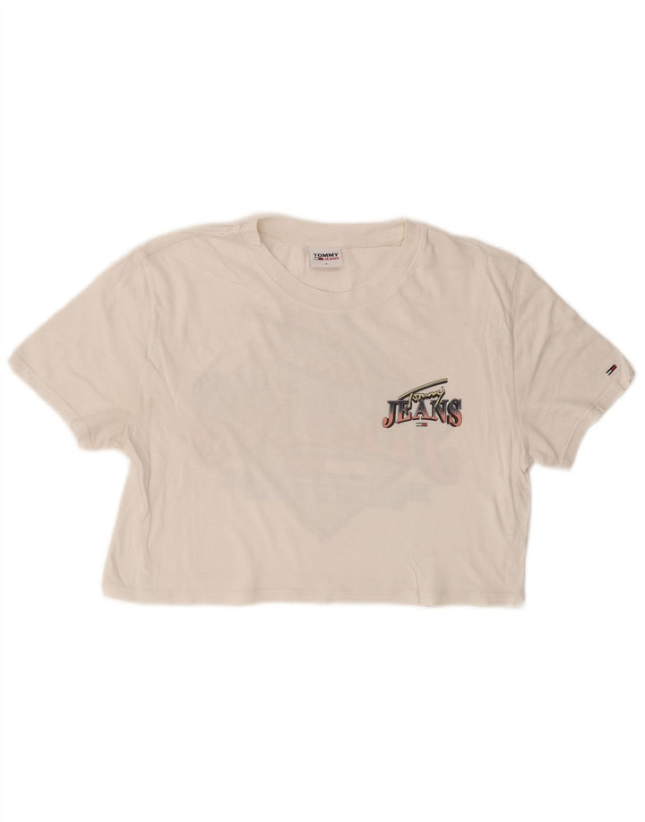 TOMMY HILFIGER Dame Crop Grafisk T-Shirt Top UK 10 Small White