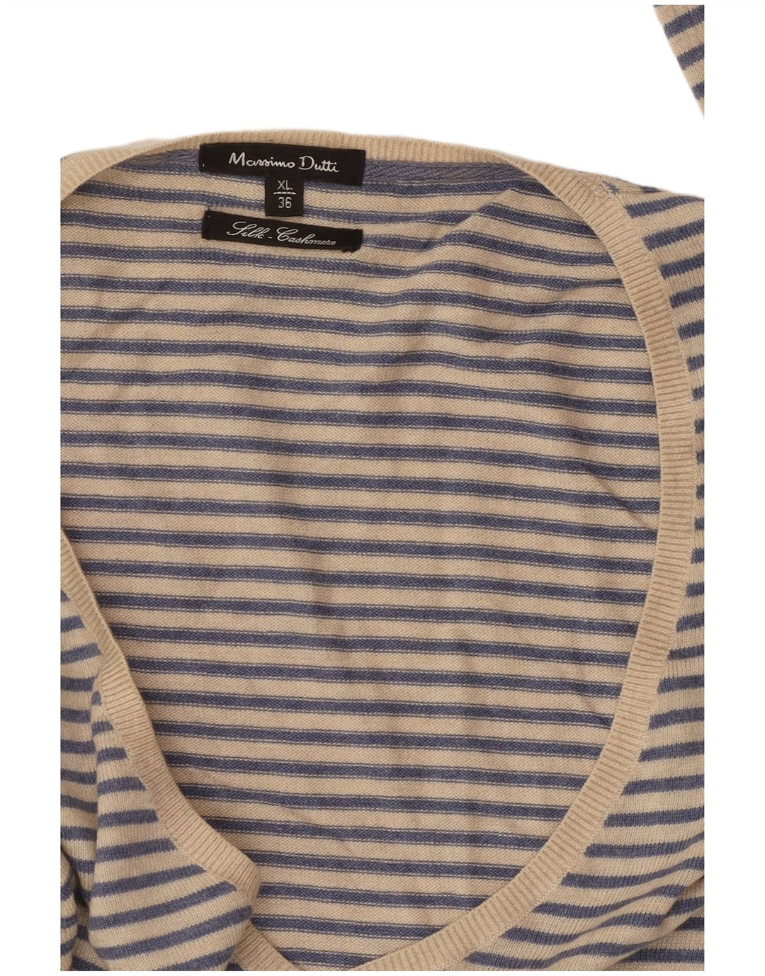 MASSIMO DUTTI Dame V-hals sweater UK 18 XL Blå Stribet Cashmere