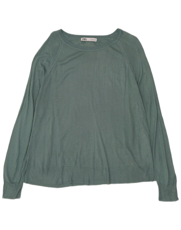 ZARA Dame Boat Neck Jumper Sweater UK 16 Large Green Viscose
