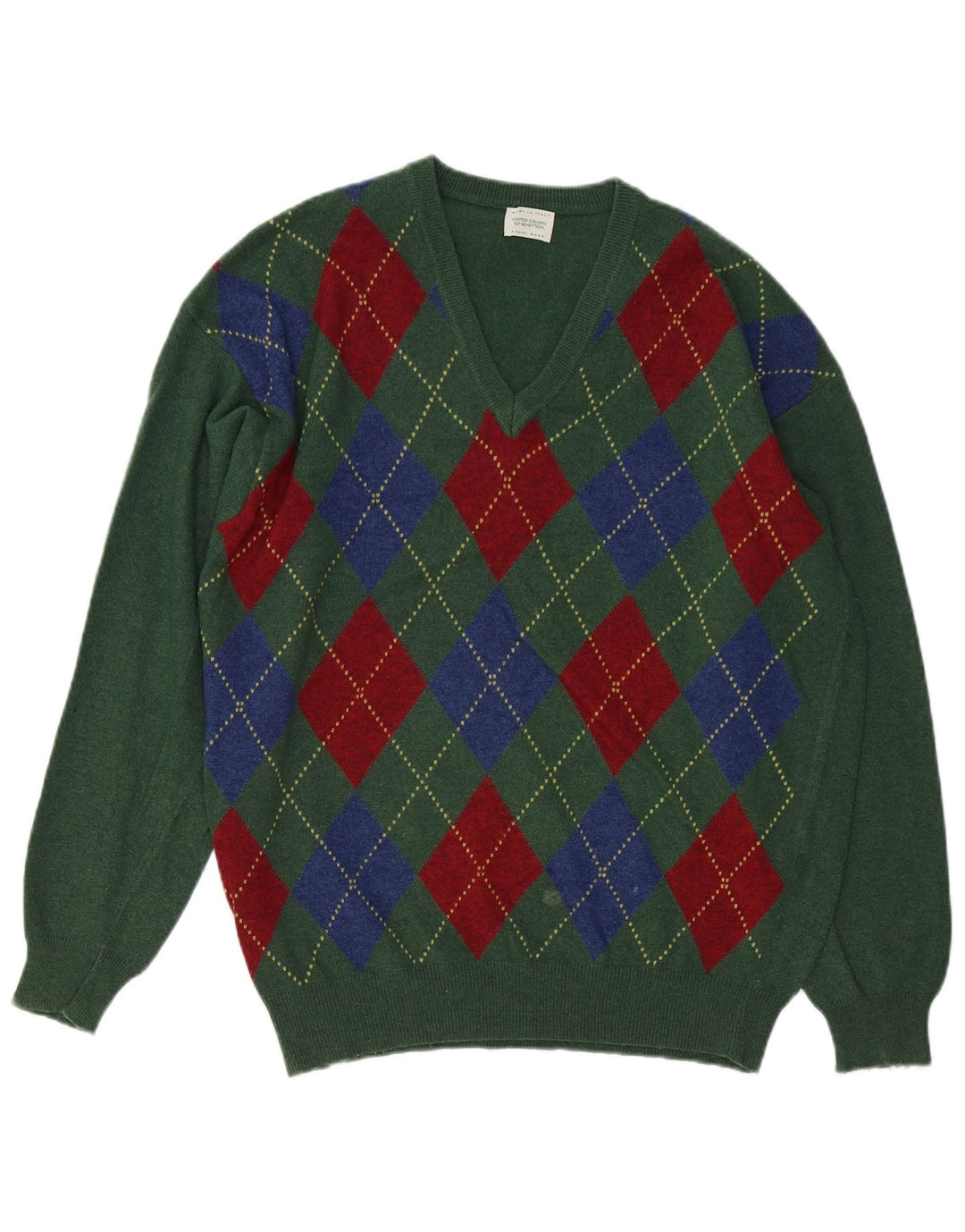 BENETTON Herre V-hals sweater Medium Green Argyle/Diamond Wool