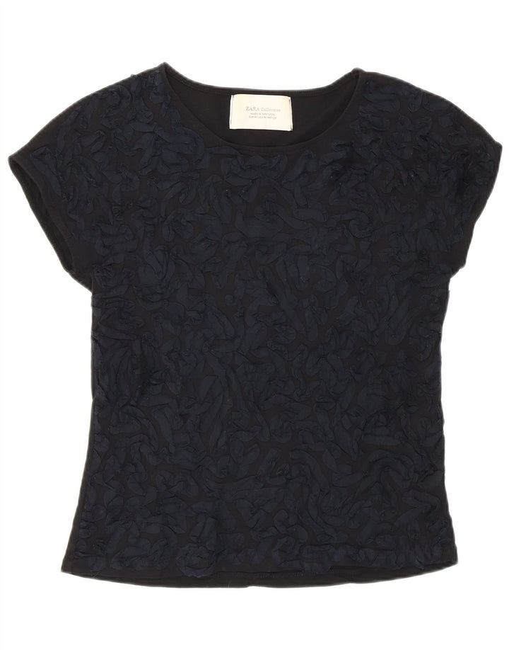 Zara kvinders abstrakt mønster T-shirt top UK 12 medium sort bomuld