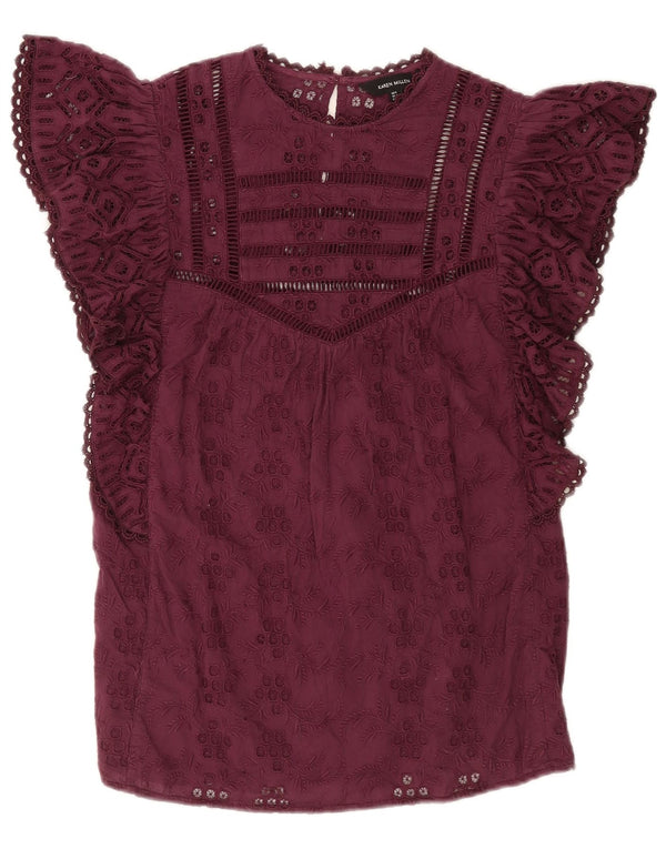 Karen Millen Damebluse Top UK 8 Lille Bourgogne Blomsterbomuld