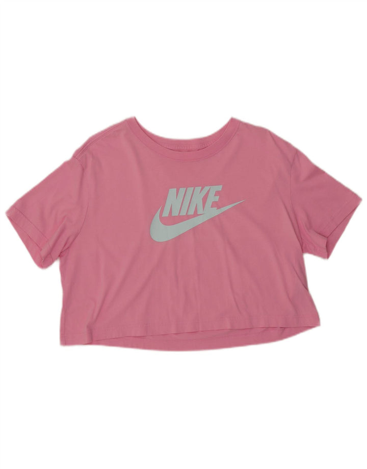 NIKE Dame Crop Grafisk T-Shirt Top UK 14 Medium Pink Bomuld