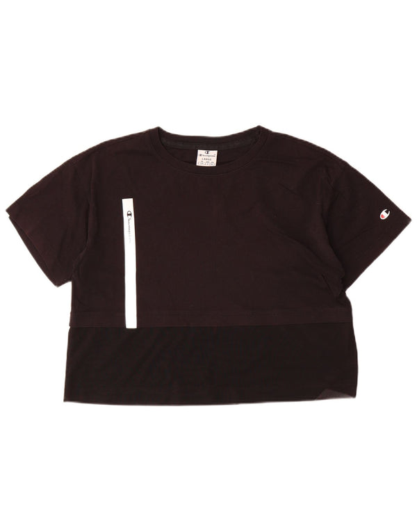 Champion Womens Crop T-Shirt Top UK 16 Large Black Colourblock Cotton