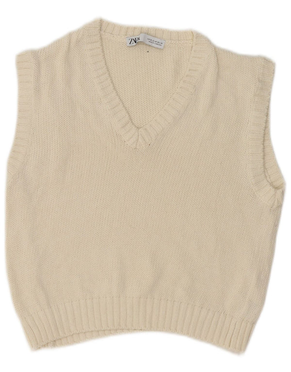 Zara Dame Crop Vest Tank Top UK 12 Medium White Bomuld