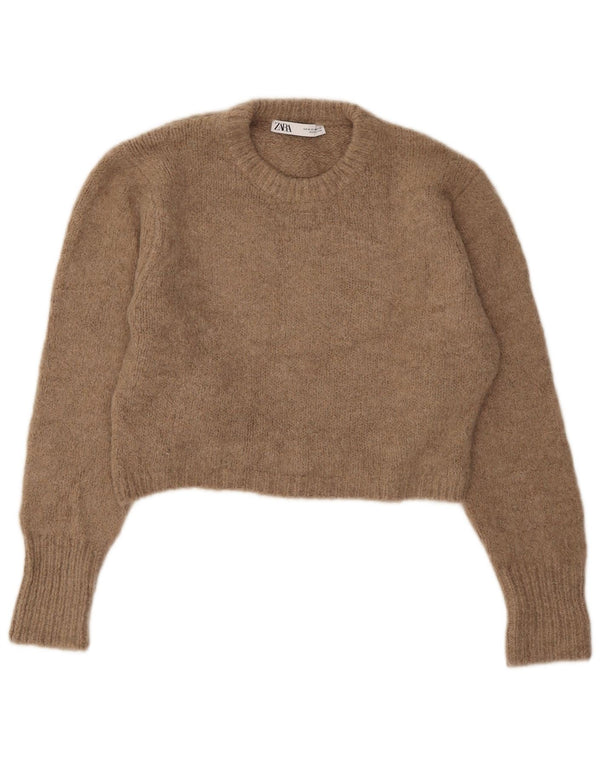 Zara Womens Crop Crew Neck Jumper Sweater UK 14 Medium Beige Akryl