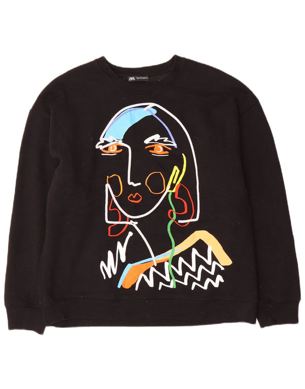 Zara Womens Grafisk Oversized Sweatshirt Jumper UK 10 Small Black Bomuld