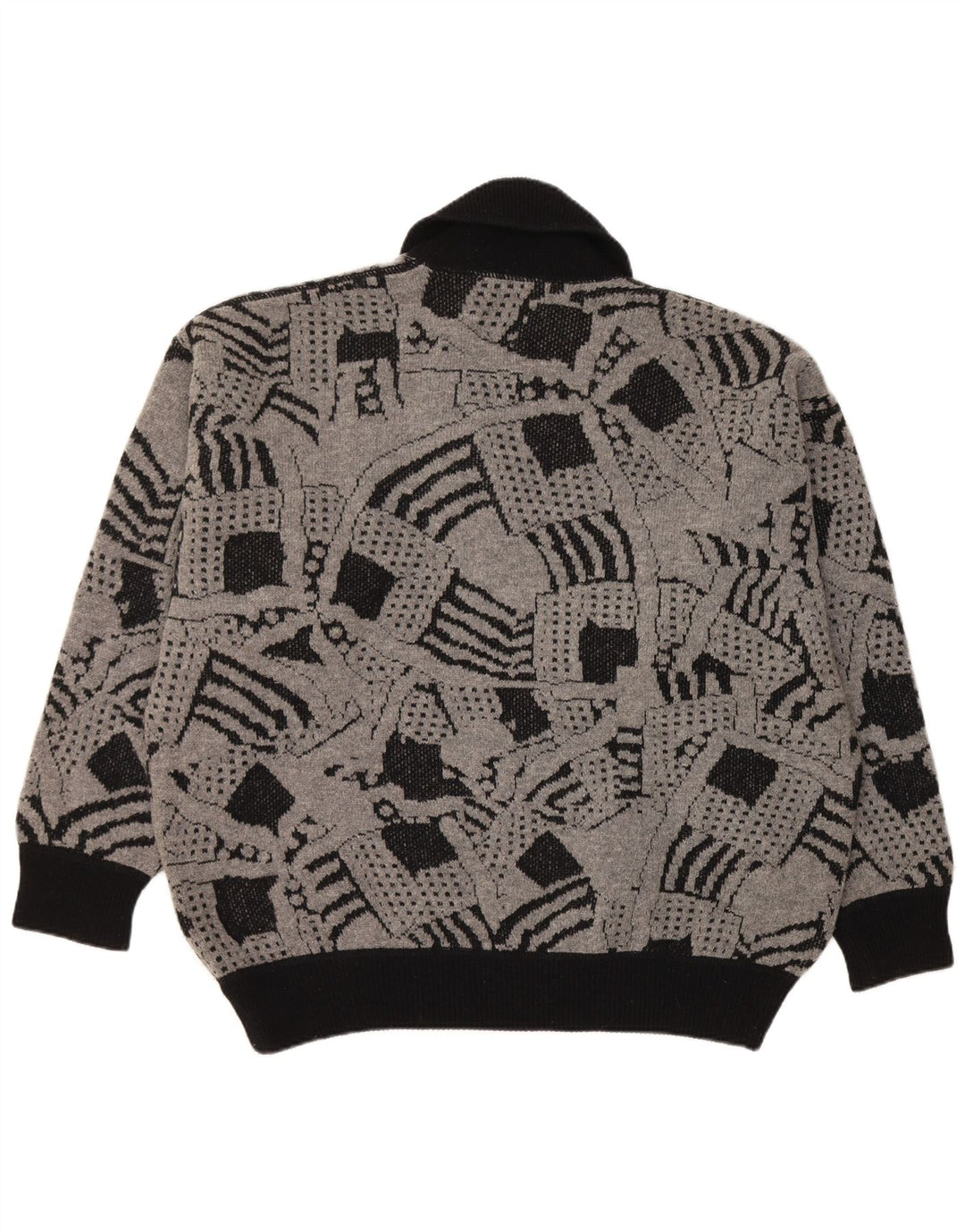 VINTAGE Dame Shawl Neck Jumper Sweater UK 16 Stor Grå Geometrisk